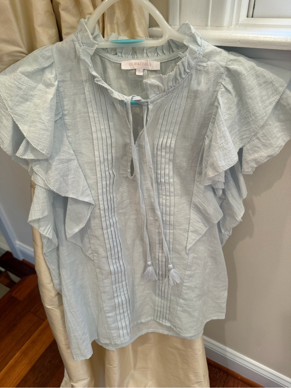 Olivaceous Soft Blue Ruffle Pintuck Cotton  Blouse Small NWOT
